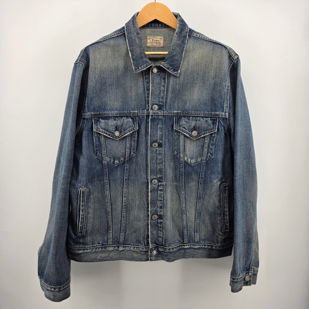 Polo Ralph Lauren Dungarees Mens XXL Blue Denim Trucker Jacket Faded Wash Cotton